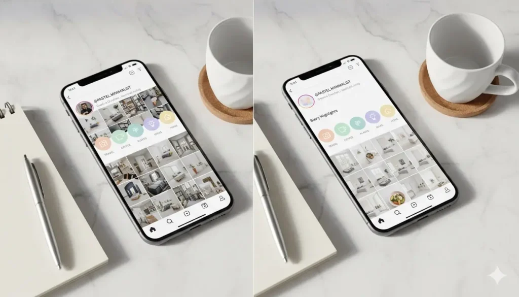 Before and after comparison of Instagram highlight organization