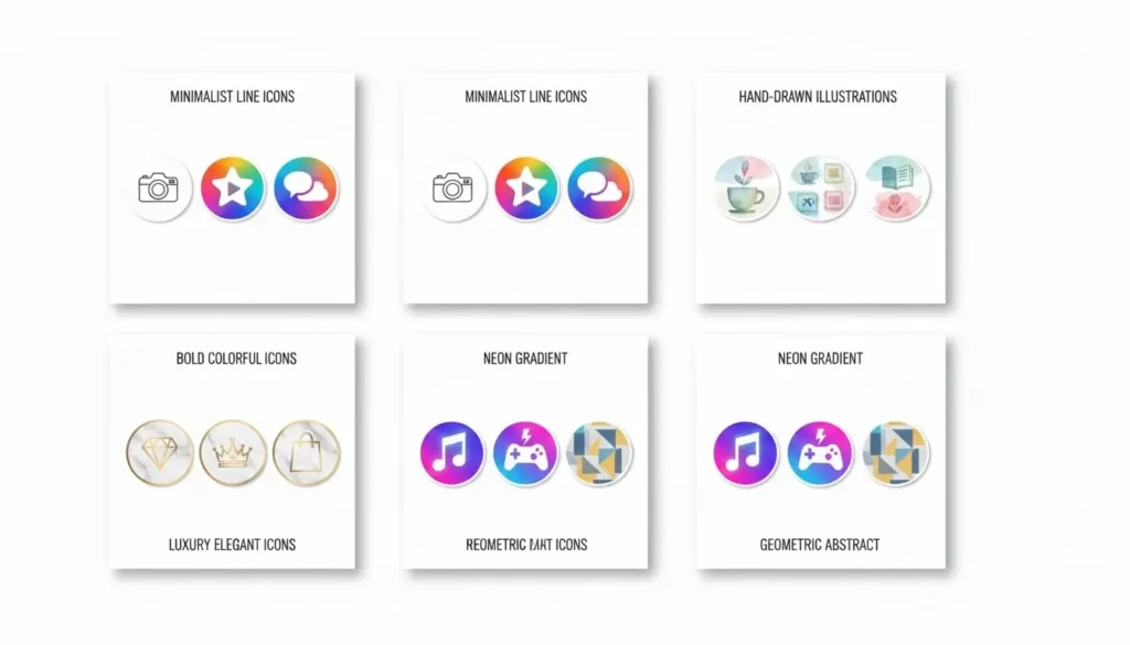 Collection of different Instagram story highlight icon styles including minimalist, bold, illustrated, luxury, neon and geometric designs