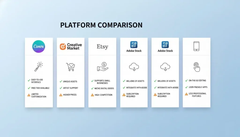 Comparison chart of top platforms to find Instagram story highlight icons including Canva, Creative Market, Etsy and Adobe Stock