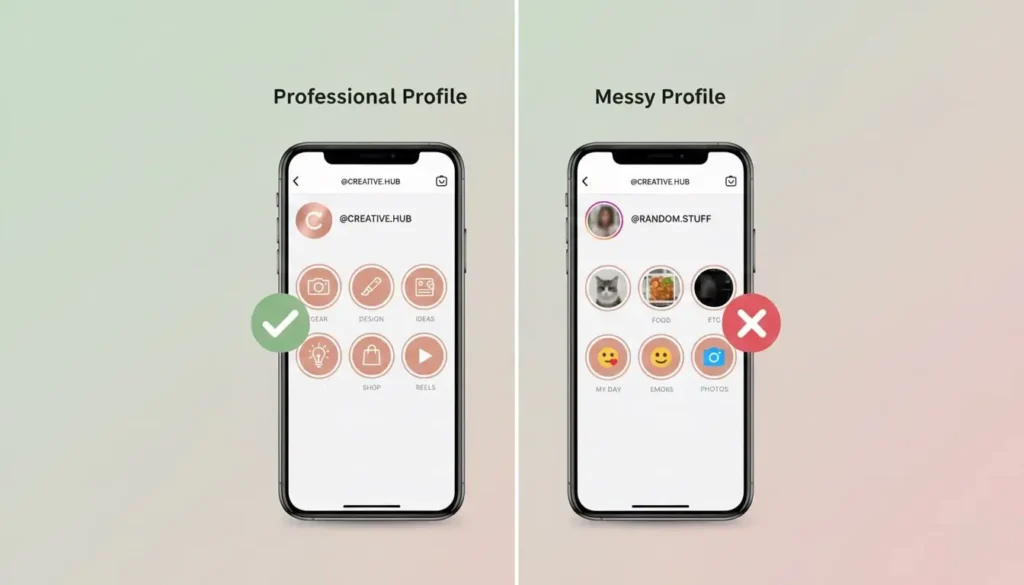 Comparison of professional versus unprofessional Instagram story highlight icons on brand profiles