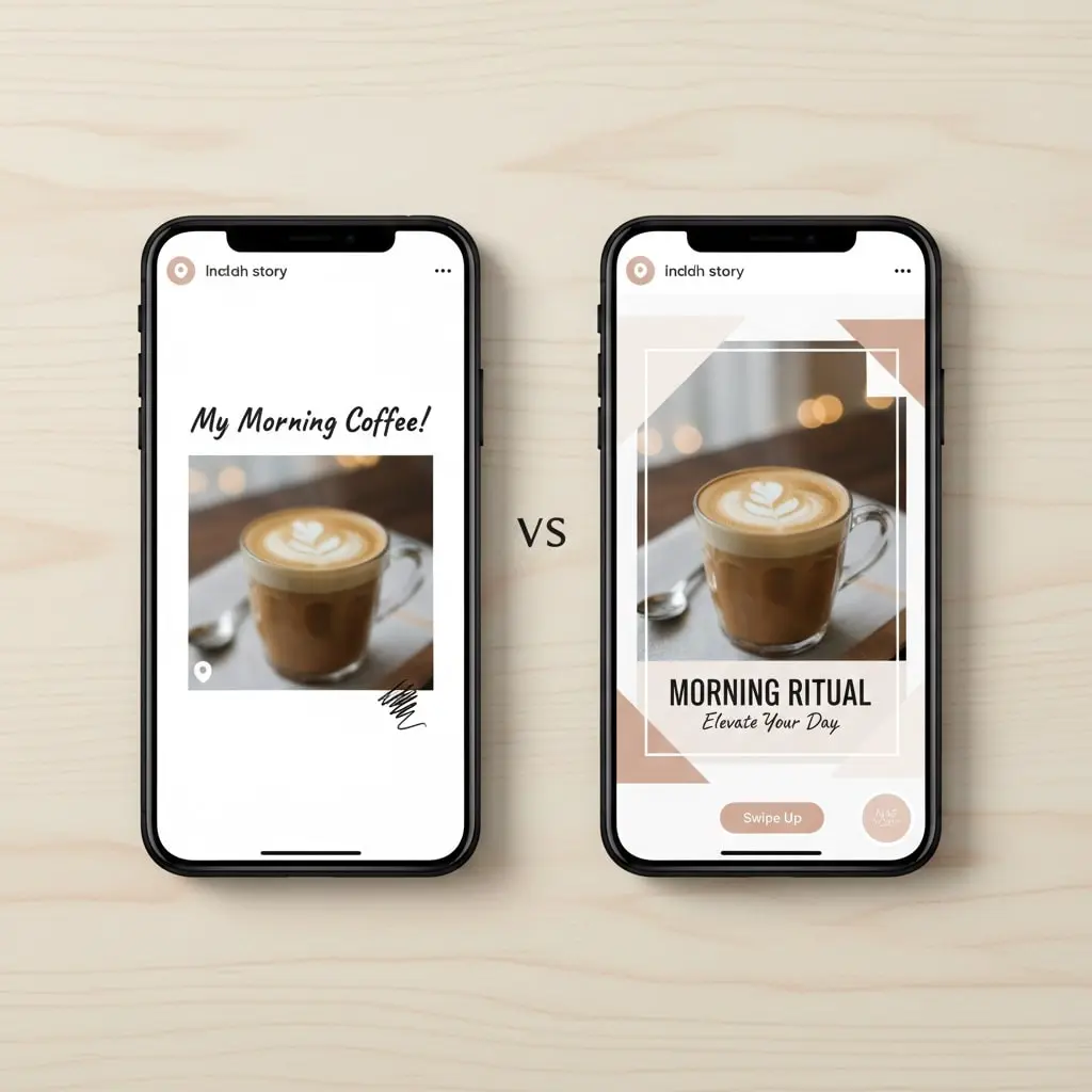 Comparison showing difference between basic Instagram Stories and professional template-designed Stories