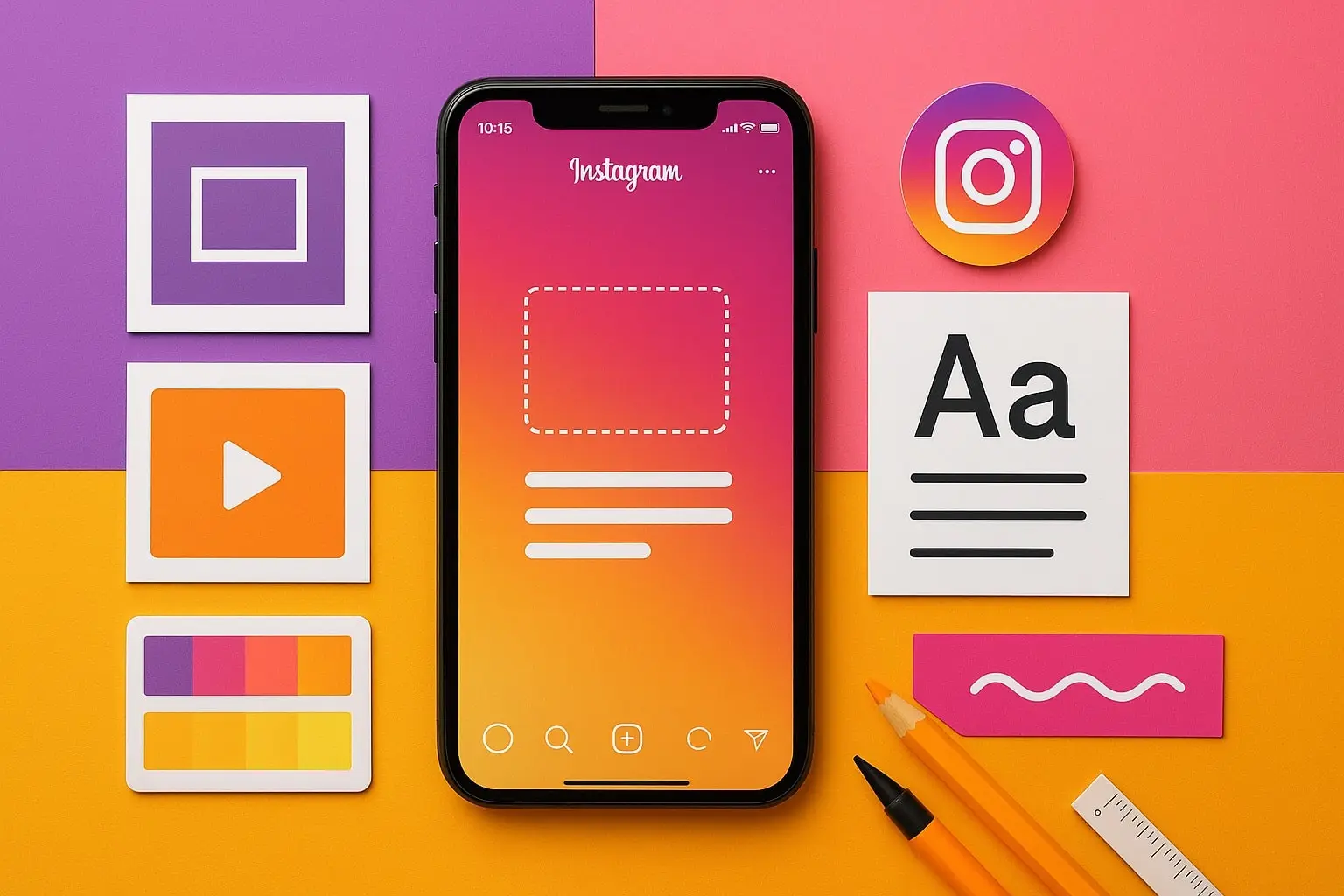 How to find Instagram Story templates - guide featuring smartphone with Instagram interface and design elements
