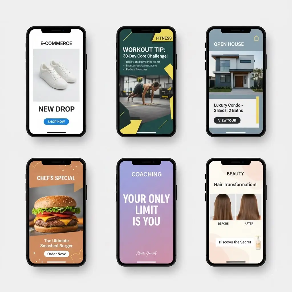 Instagram Story templates adapted for different industries including e-commerce, fitness, real estate, and food