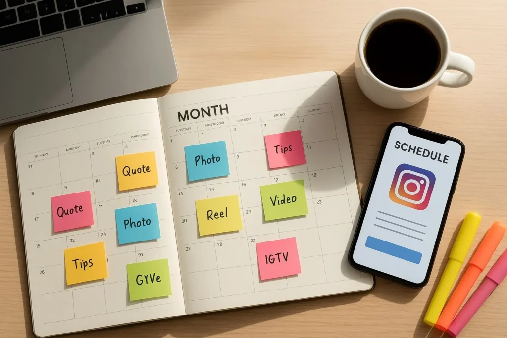 Instagram content calendar planning with color-coded content ideas for business
