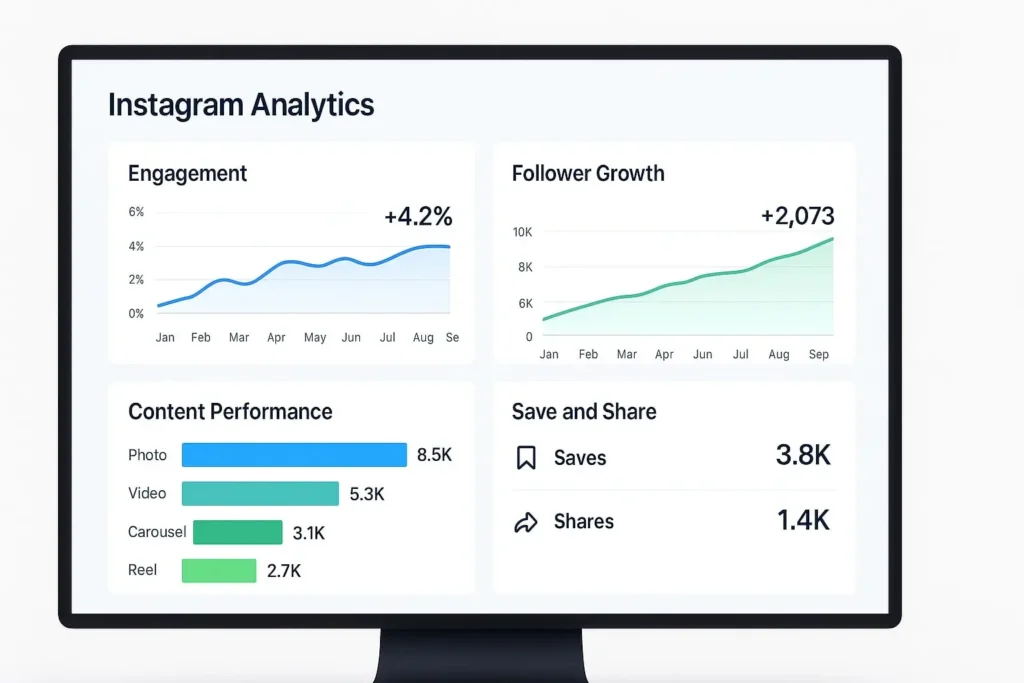 Instagram content performance metrics dashboard showing engagement analytics for business