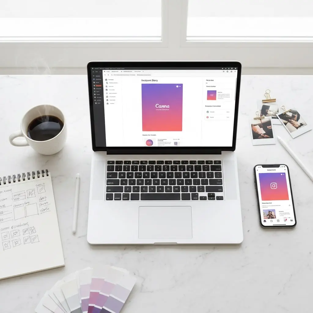 Professional workspace setup for creating and customizing Instagram Story templates