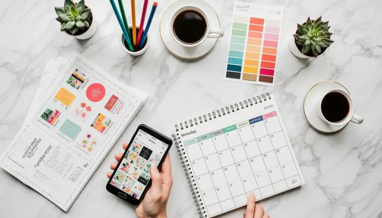 instagram content ideas for business planning workspace with phone and notebook