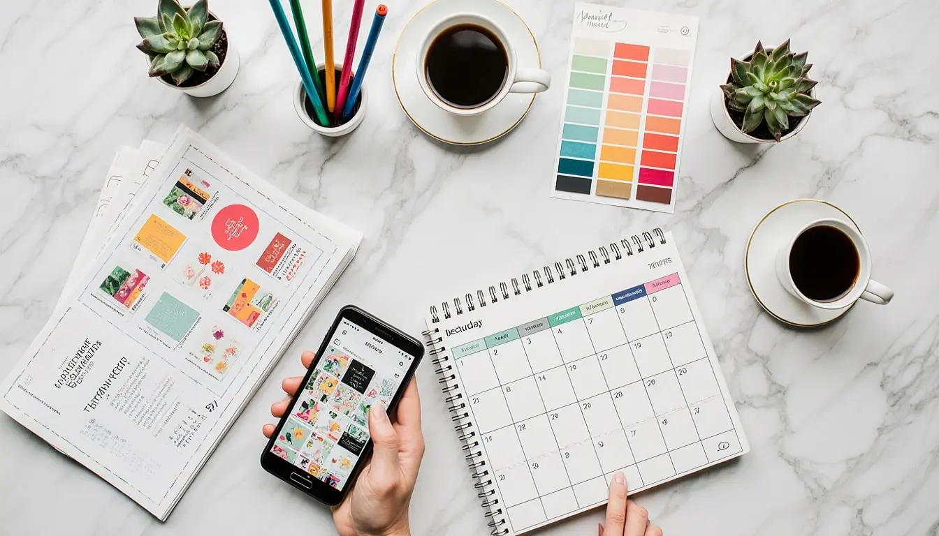 instagram content ideas for business planning workspace with phone and notebook