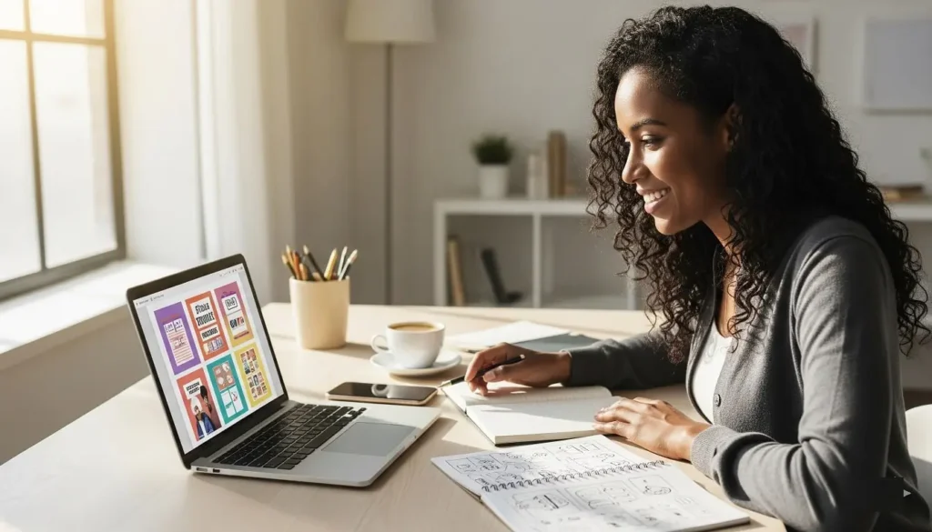 Business owner saving time creating Instagram stories with templates on laptop